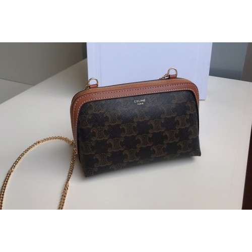 Celine 10E382 clutch with chain in Brown triomphe canvas and Tan lambskin Celine 10E382 clutch with chain in Brown triomphe canvas and Tan lambskin