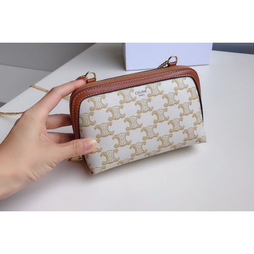 Celine 10E382 clutch with chain in White triomphe canvas and Tan lambskin Celine 10E382 clutch with chain in White triomphe canvas and Tan lambskin