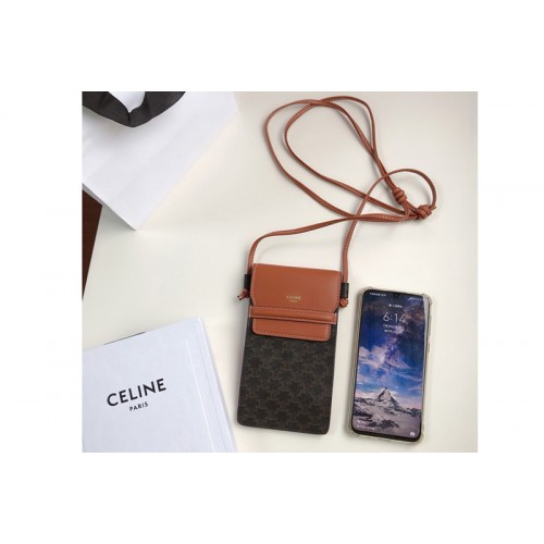 Celine 10G332 Phone Pouch in Triomphe Canvas and Tan Lambskin Celine 10G332 Phone Pouch in Triomphe Canvas and Tan Lambskin