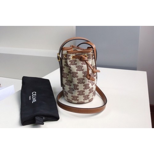 Celine 10H492 Micro Drawstring Bag in textile with triomphe embroidery Vintage Brown Celine 10H492 Micro Drawstring Bag in textile with triomphe embroidery Vintage Brown