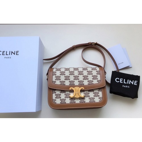 Celine Teen Triomphe Bag in Textile with Triomphe Embroidery and Calfskin Vintage Brown