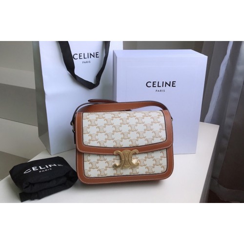 Celine Teen Triomphe Bag in Triomphe Canvas and Calfskin White
