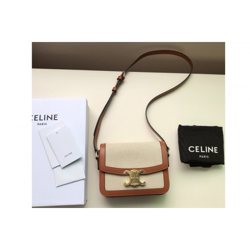 Celine Teen Triomphe Bag in Textile and Natural Calfskin Tan White