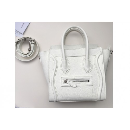 Celine Nano Luggage Bag in White Drummed Calfskin Leather