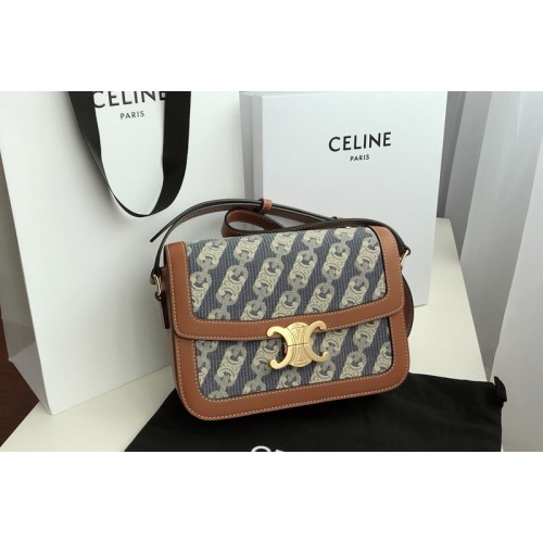 Celine MEDIUM TRIOMPHE BAG IN NAVY TAN CHAÎNE TRIOMPHE JACQUARD AND NATURAL CALFSKIN