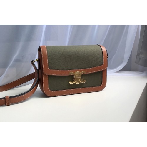 Celine Medium Triomphe Bag in Green Textile and Brown Calfskin Celine Medium Triomphe Bag in Green Textile and Brown Calfskin