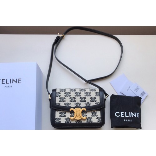 Celine Medium Triomphe bag in Textile with triomphe embroidery and calfskin Black