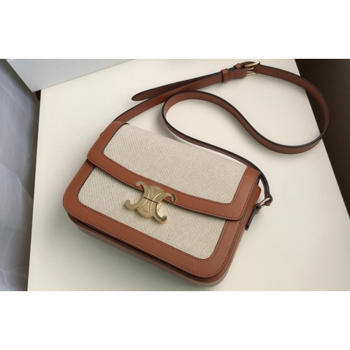 Celine Medium Triomphe bag in Textile and Natural Calfskin Tan White