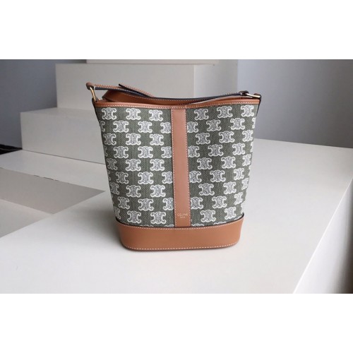 Celine SMALL BUCKET Bag IN Green TEXTILE WITH TRIOMPHE EMBROIDERY