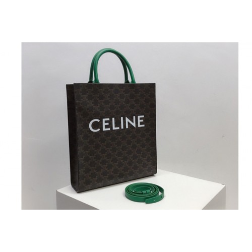 Celine Small Vertical Cabas in Triomphe Canvas with Celine Print And Green Leather