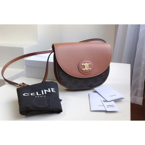 Celine triomphe saddle bag in triomphe canvas with Tan CALFSKIN Leather
