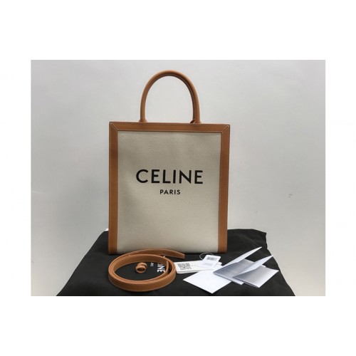 Celine small cabas vertical celine Bag in canvas with celine print and Tan calfskin