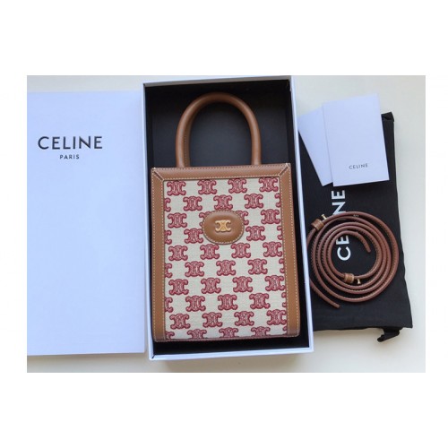 Celine Mini vertical cabas Bag in textile with triomphe embroidery Red