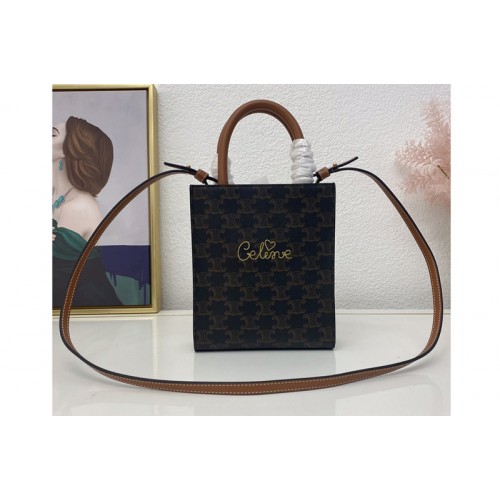 Celine Mini vertical cabas Bag in triomphe canvas with Tan calfskin Leather