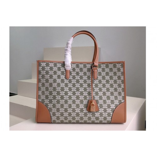 Celine HORIZONTAL CABAS bag IN Green TEXTILE WITH TRIOMPHE EMBROIDERY Celine HORIZONTAL CABAS bag IN Green TEXTILE WITH TRIOMPHE EMBROIDERY