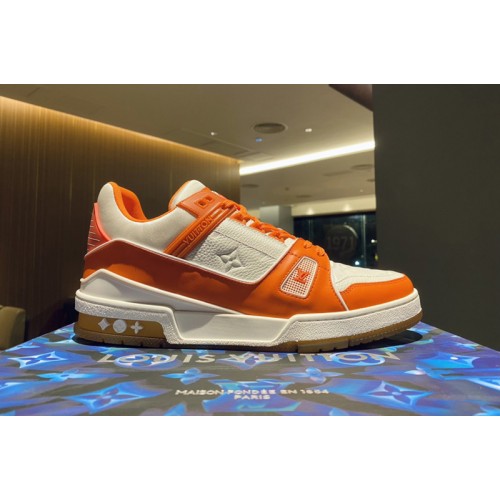 Louis Vuitton 1A8KC8 Trainer sneaker in Peach Pink Monogram-embossed calf leather