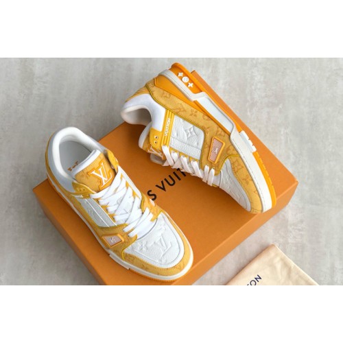 Louis Vuitton 1A9JHB Trainer sneaker on Yellow Monogram denim and Monogram-embossed grained calf leather Louis Vuitton 1A9JHB Trainer sneaker on Yellow Monogram denim and Monogram-embossed grained calf leather
