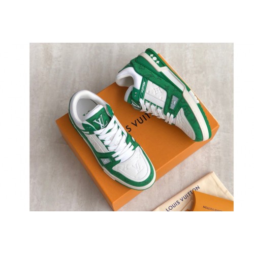 Louis Vuitton 1A9JHV Trainer sneaker on Green Monogram denim and Monogram-embossed grained calf leather