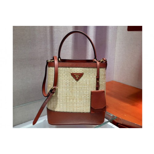Prada 1BA212 Panier medium straw bags Straw and Brown Saffiano leather