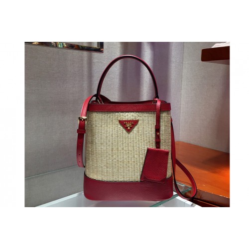 Prada 1BA212 Panier medium straw bags Straw and Red Saffiano leather Prada 1BA212 Panier medium straw bags Straw and Red Saffiano leather