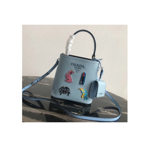 Prada 1BA217 Small Prada Panier bag with appliques in Light Blue Saffiano leather Prada 1BA217 Small Prada Panier bag with appliques in Light Blue Saffiano leather