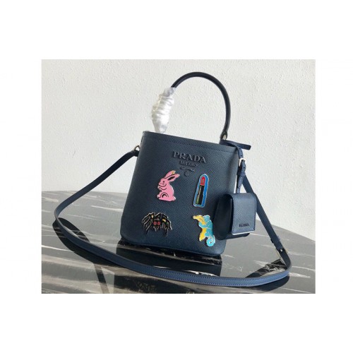 Prada 1BA217 Small Prada Panier bag with appliques in Blue Saffiano leather