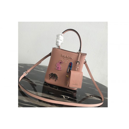 Prada 1BA217 Small Prada Panier bag with appliques in Pink Saffiano leather