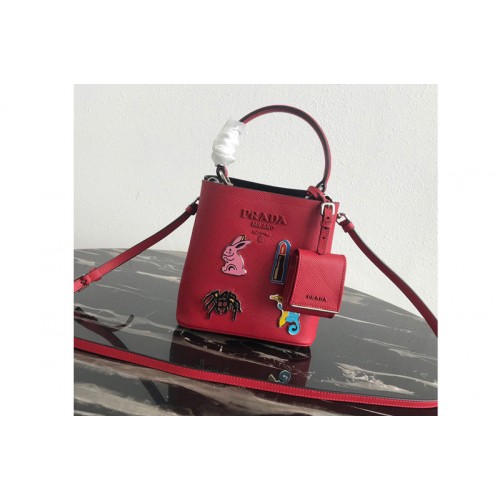 Prada 1BA217 Small Prada Panier bag with appliques in Red Saffiano leather Prada 1BA217 Small Prada Panier bag with appliques in Red Saffiano leather