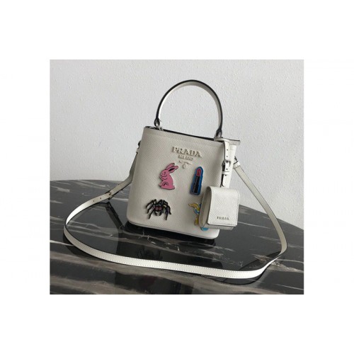 Prada 1BA217 Small Prada Panier bag with appliques in White Saffiano leather