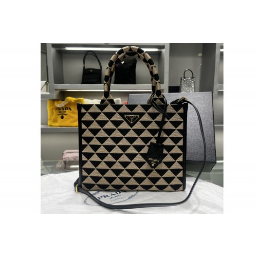 Prada 1BA354 Small Prada Symbole jacquard fabric handbag in Black Beige Fabric Leather Prada 1BA354 Small Prada Symbole jacquard fabric handbag in Black Beige Fabric Leather