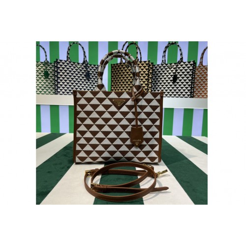 Prada 1BA354 Small Prada Symbole jacquard fabric handbag in Brown White Prada 1BA354 Small Prada Symbole jacquard fabric handbag in Brown White