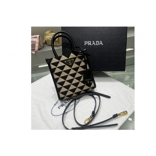 Prada 1BA355 Prada Symbole jacquard fabric micro bag in Black Beige Fabric Leather