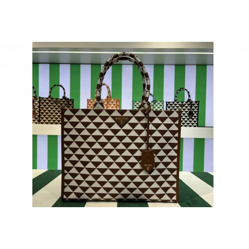 Prada 1BA356 Large Prada Symbole jacquard fabric handbag in Brown White
