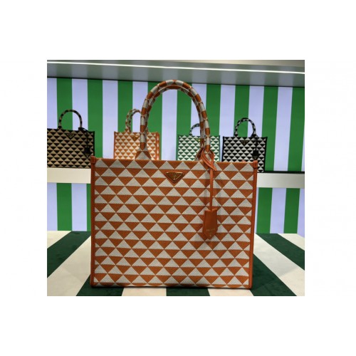 Prada 1BA356 Large Prada Symbole jacquard fabric handbag in Orange White
