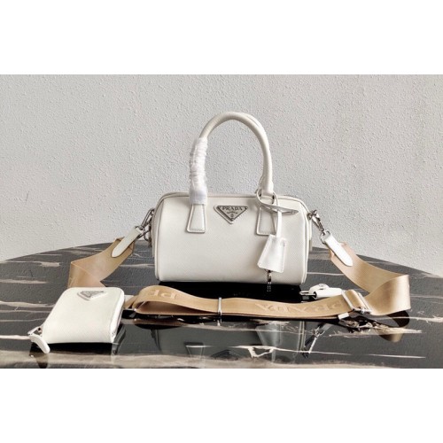 Prada 1BB846 Saffiano Leather Boston bag in White Saffiano Leather