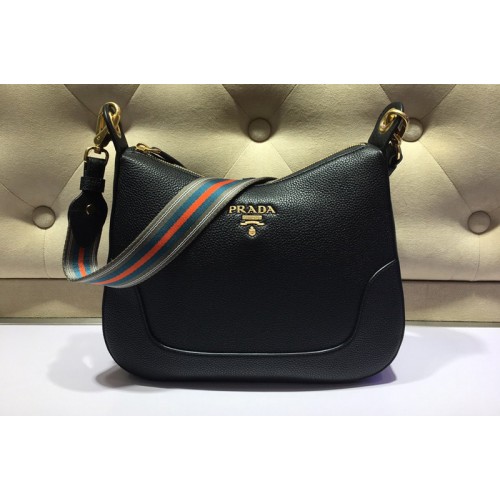 Prada 1BC052 Web Stripe Strap Crossbody Bags Black Vitello Leather