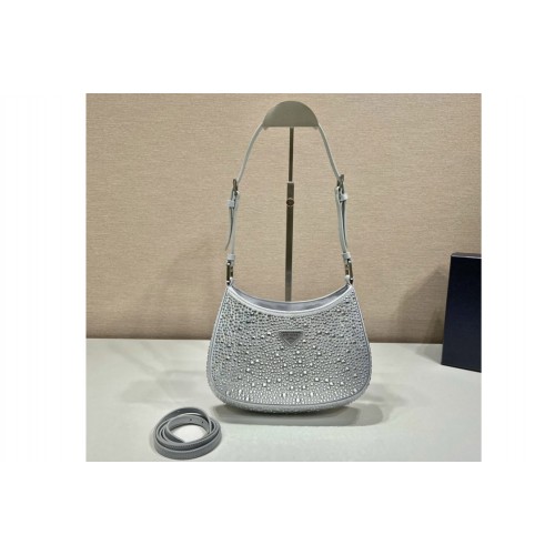 Prada 1BC156 Prada Cleo brushed leather shoulder bag artificial crystals in White Leather