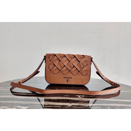 Prada 1BD246 Leather Prada Tress Shoulder Bag in Cognac Black Woven Leather Prada 1BD246 Leather Prada Tress Shoulder Bag in Cognac Black Woven Leather