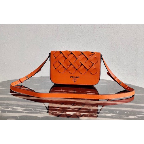 Prada 1BD246 Leather Prada Tress Shoulder Bag in Papaya Black Woven Leather Prada 1BD246 Leather Prada Tress Shoulder Bag in Papaya Black Woven Leather