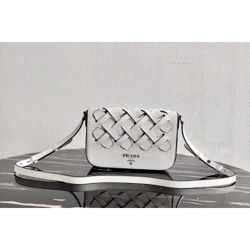 Prada 1BD246 Leather Prada Tress Shoulder Bag in White Black Woven Leather