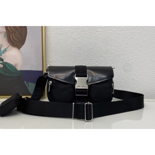Prada 1BD295 Pocket nylon and brushed leather bag in Black nylon and brushed leather