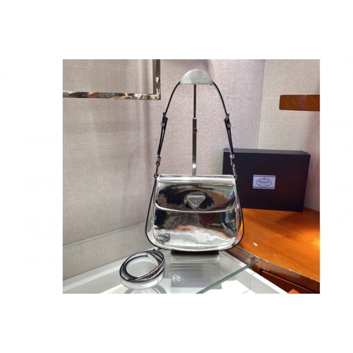 Prada 1BD303 Prada Cleo brushed leather shoulder bag with flap in Silver brushed leather