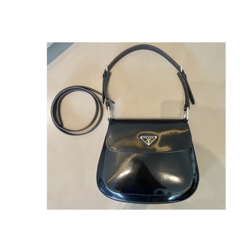 Prada 1BD303 Prada Cleo brushed leather shoulder bag with flap in Black brushed leather