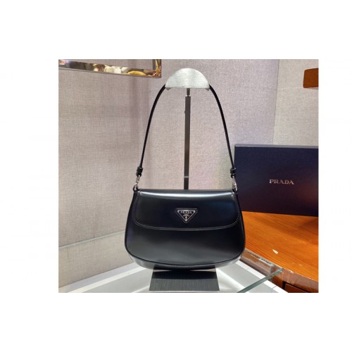 Prada 1BD311 Prada Cleo brushed leather shoulder bag with flap in Black brushed leather