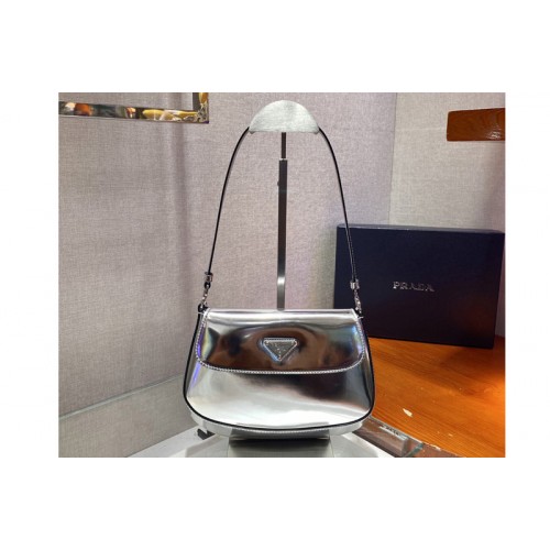 Prada 1BD311 Prada Cleo brushed leather shoulder bag with flap in Silver brushed leather