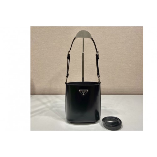 Prada 1BE059 Mini brushed-leather bucket bag in Black Leather