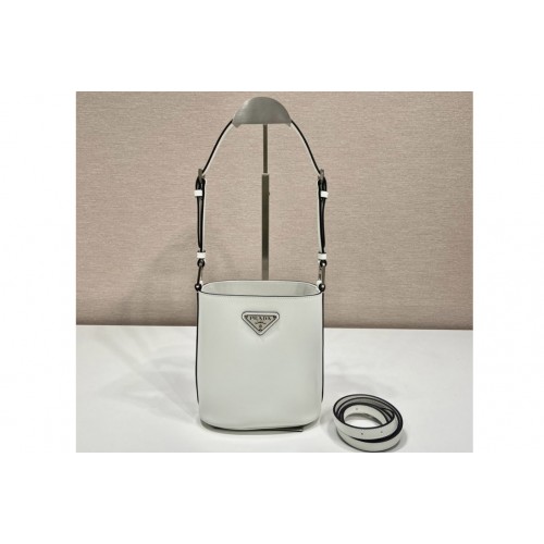 Prada 1BE059 Mini brushed-leather bucket bag in White Leather