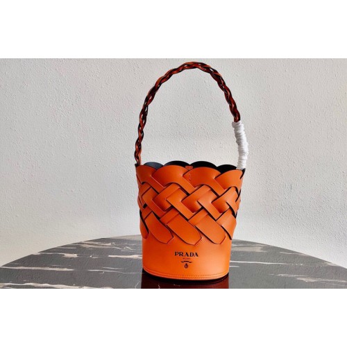 Prada 1BE049 Leather Prada Tress Bucket Bag in Papaya Black Woven Leather