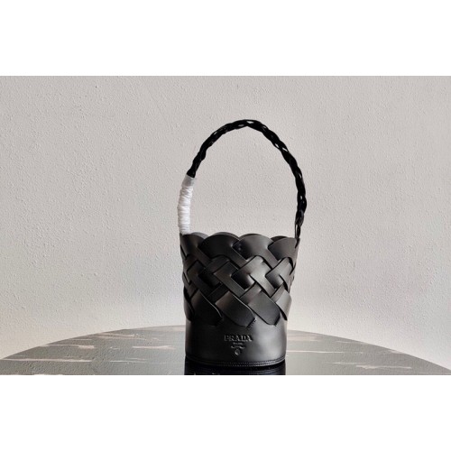 Prada 1BE049 Leather Prada Tress Bucket Bag in Black Woven Leather