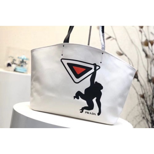 Prada 1BG218 Monkey Printed Canvas Tote Bags White